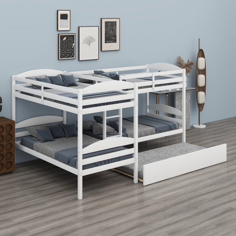Lit superposé en L peu encombrant avec lit gigogne escamotable pour un couchage polyvalent, Blanc