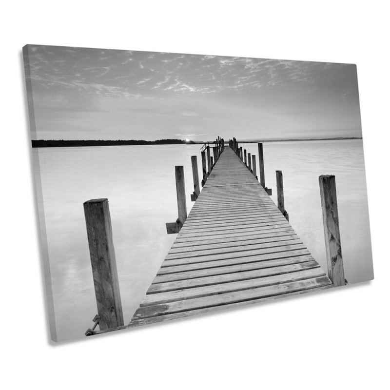 Sunset Jetty Pier Seascape B&W - Wrapped Canvas Print, 30.5cm H x 45.7cm W x 2cm D