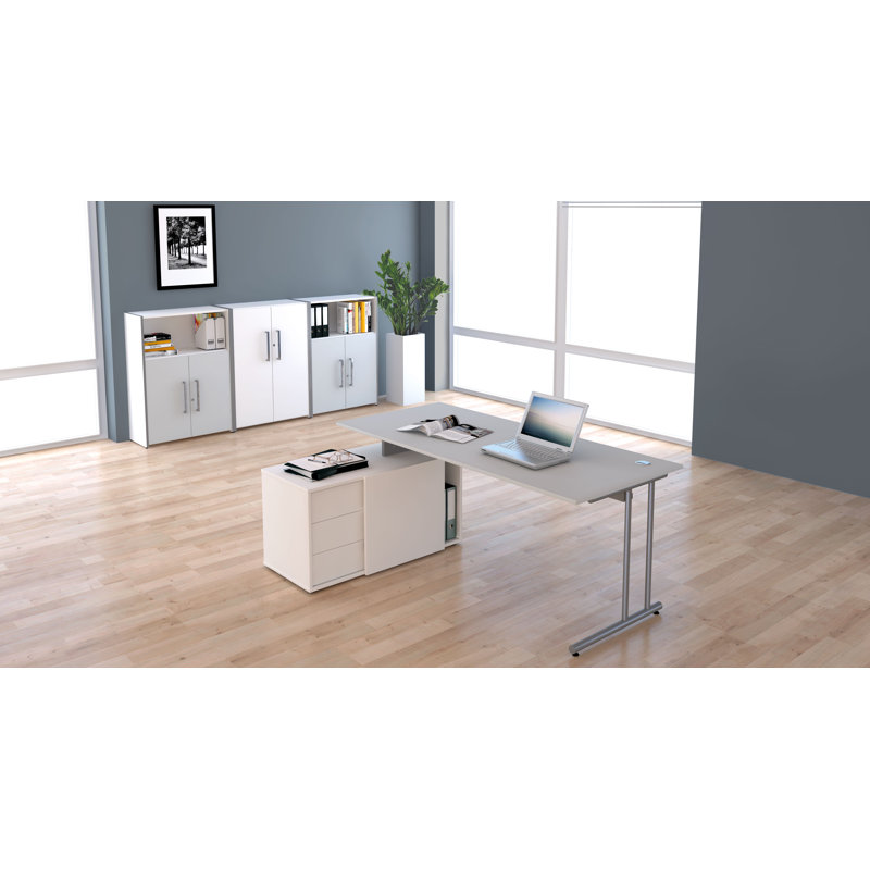 Folkestone L-Shaped Metal Base Writing Desk, Light gray