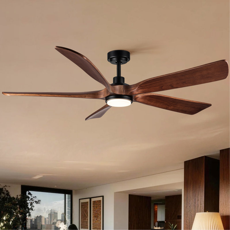 Ventilateur de plafond 60 po en bois de noyer noir américain avec lumière et télécommande, silencieux, à intensité variable, 3CCT, 6 vitesses, ventilateurs de plafond CC silencieux pour une utilisation intérieure ou extérieure couverte, homologué ETL