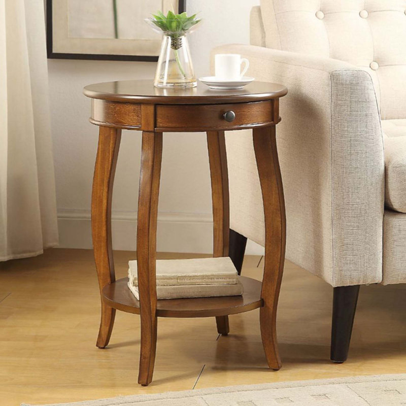 Table d'appoint ronde avec 1 tiroir et rangement ouvert, Noyer