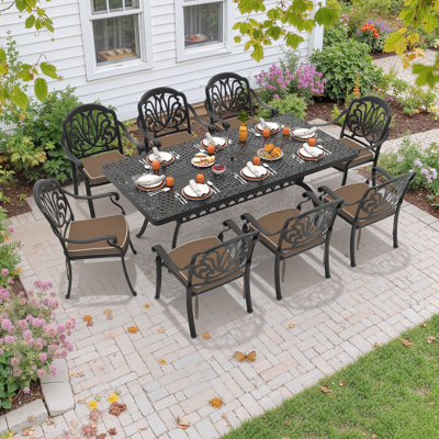 8-Person 82.68"L Rectangular Outdoor Dining Set with Umbrella Hole, 8 Stackable Chairs, Brown Cushions