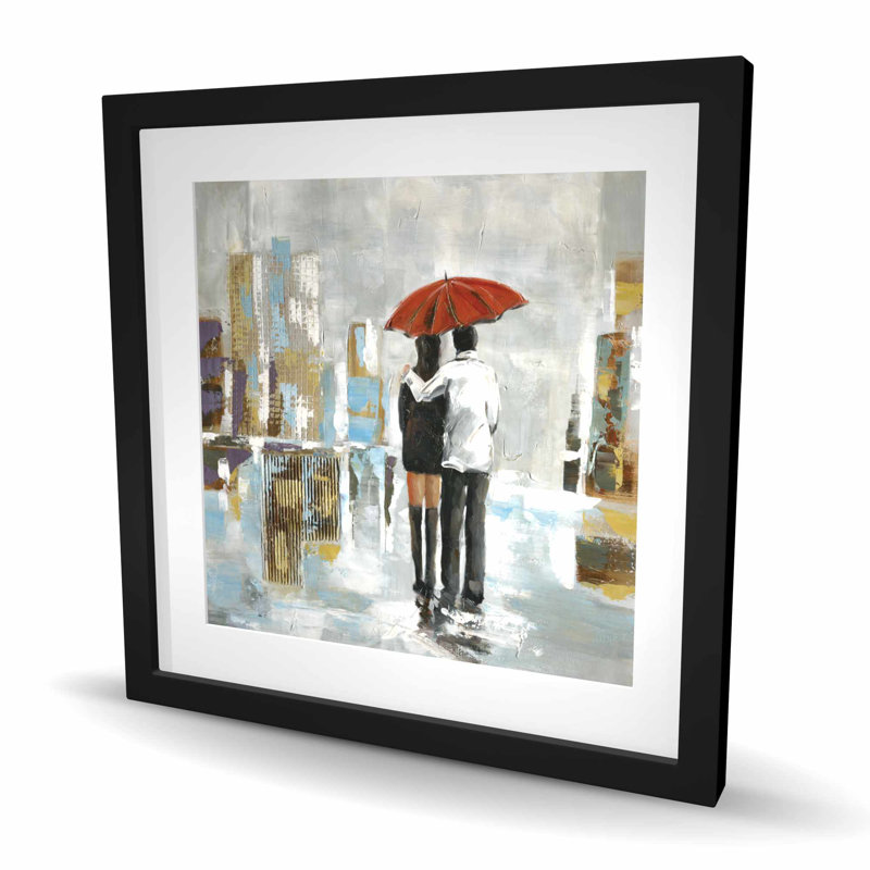 Couple marchant sous un parapluie - chambre à coucher grise, reproduction encadrée, H 24 po x l 24 po
