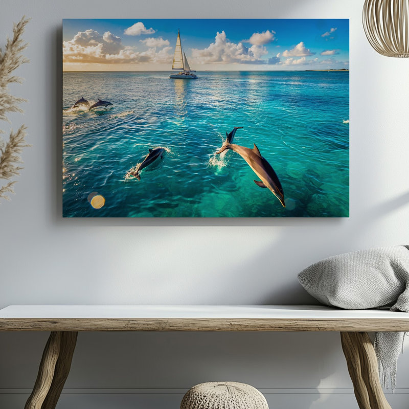 Toile, une scène sereine de l'océan mettant en vedette des dauphins ludiques qui sautent gracieusement à travers une eau turquoise transparente