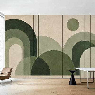 Papier peint adhésif vert abstrait, motif géométrique élégant, 254 cm (H) x 366 cm (L), en PVC amovible et autocollant, idéal pour chambre, salon ou bureau.
