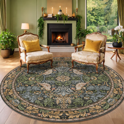 Tapis botanique rond de 2,44 m (8 pi) - Tapis floral vintage lavable pour couloir, salle de bain, buanderie, chambre à coucher, entrée, style antique traditionnel, motif oiseaux et feuilles, antidérapant à poils courts (vert foncé/brun)