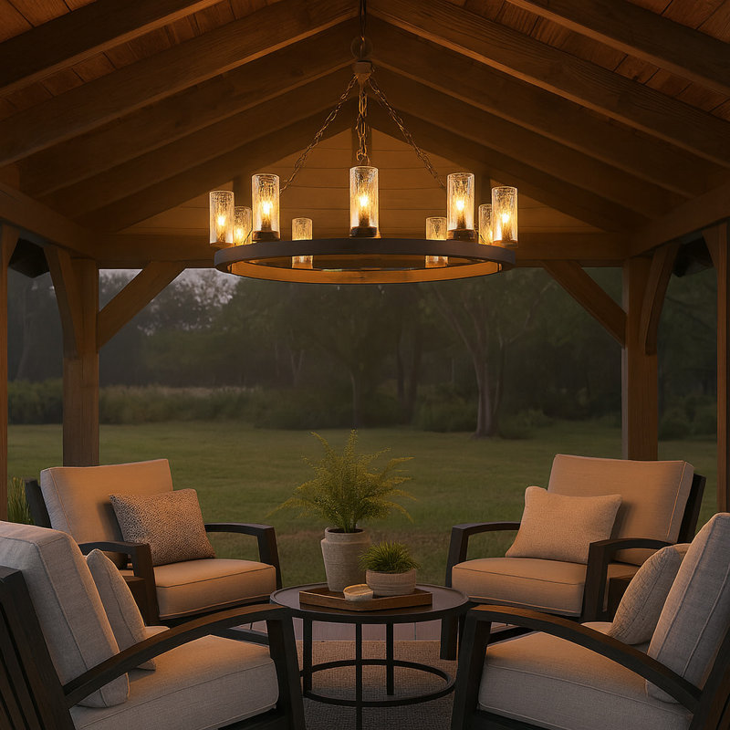 Sawyer 9-Light Single Tier Outdoor Rustic Chandelier, Aged Zinc