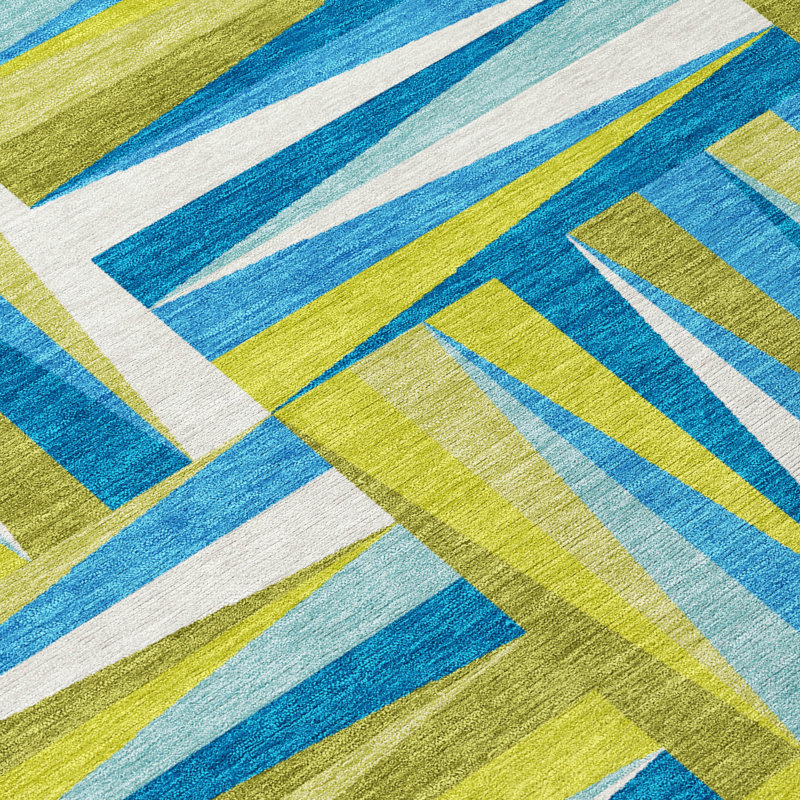 Teal and Green Geometric Washable Indoor/Outdoor Rug