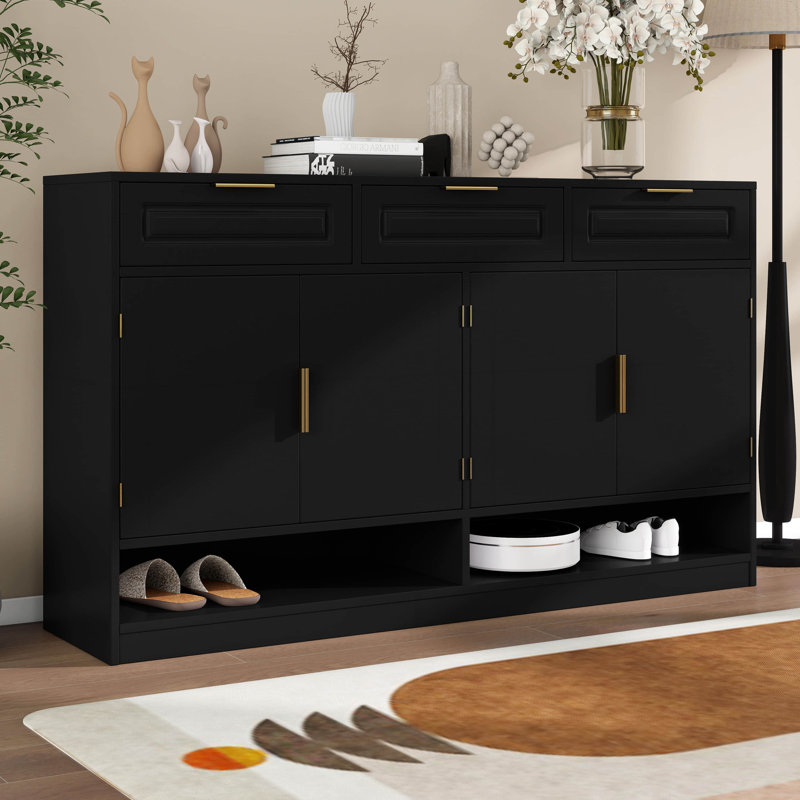 59.1" Sideboard Buffet With 3 Drawers & 4 Doors, Storage Cabinet With Adjustable Shelf & Open Compartments, Buffet Table