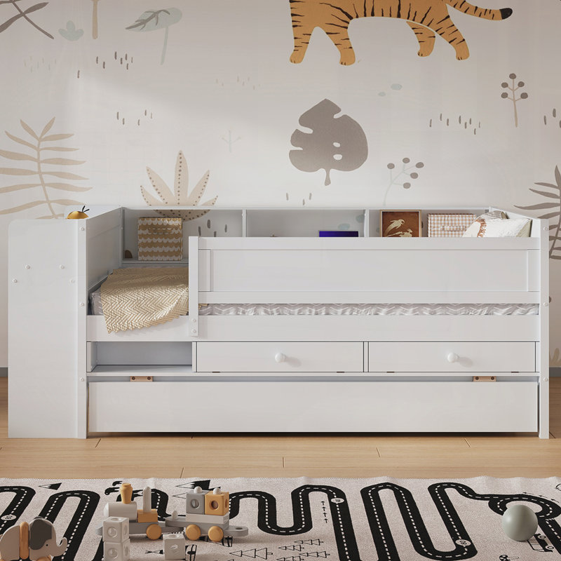 Lit de jour multifonctionnel avec tiroirs et lit gigogne, tête de lit et tables de rangement, station de charge USB,, Blanc