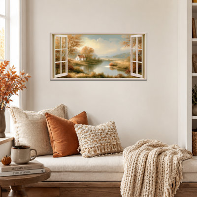 Art mural sur toile GUTTATY, impressions de paysage rustique d'automne, images de ferme à fenêtre ouverte, peinture encadrée Lake Cottage Serene, grande décoration murale d'automne rétro pour le salon, l'Action de grâce, 20 x 40 pouces