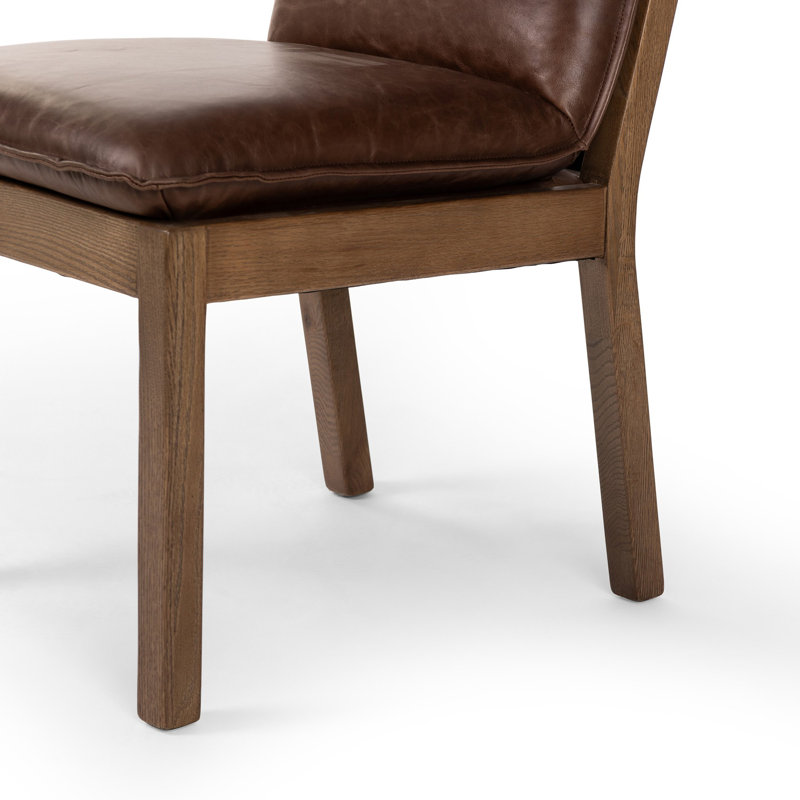 Wautoma Linen Upholstered Dining Chair in Beige, Brown Genuine Leather