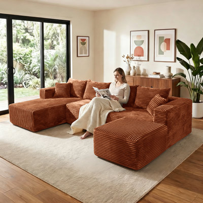 Canapé d'angle en U compressé de 350 cm (137,8 po) pour salon, canapé modulable en tissu flanelle, support à ressorts ensachés et base antidérapante, aucun assemblage requis, orange