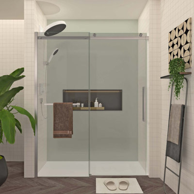 Frameless Sliding Shower Door with Towel Bar and Handle, Fits 56-60" W x 76" H