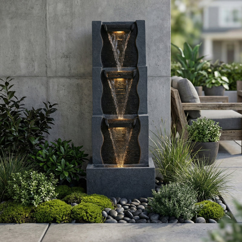 Fontaine d'extérieur moderne noire de 40 po avec lumières DEL et pompe de 15 W certifiée ETL - Cascade contemporaine à plusieurs niveaux