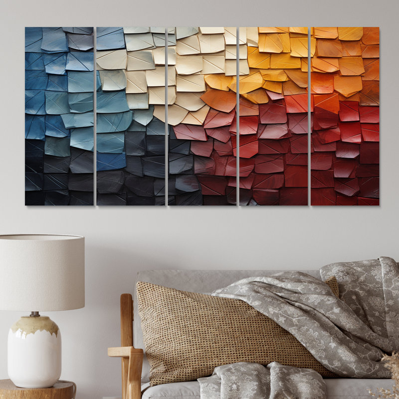 Collage de bois rouge forêt III - décoration murale moderne - 5 panneaux égaux