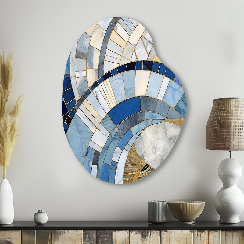 «Gold Constructing Blue Realms I - Abstract Shapes Unique Shape», art mural en métal, reproduction d'art asymétrique moderne