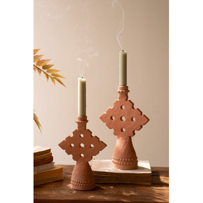  Set of Six Terracotta Taper Candle Holders Whitewashed Finish Decorative Tabletop Decor Accent Rustic Style