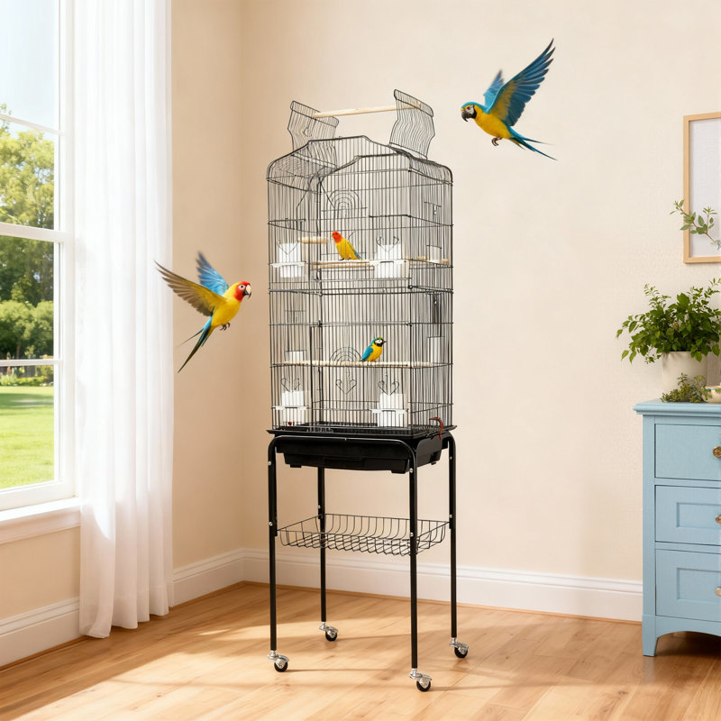 Large Bird Cage with Play Open Top, Metal Bird Flight Cage with Detachable Rolling Stand & Storage Shelf for Parrots Conures Lovebird Cockatiel Parakeets, Black