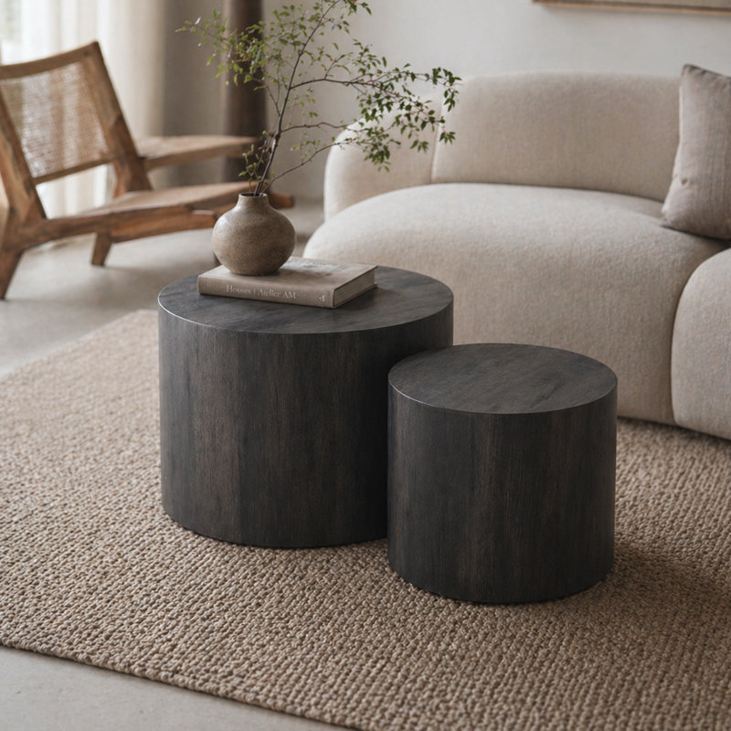 Ensemble de 2 tables basses rondes en bois Nesting, Grain de bois noir