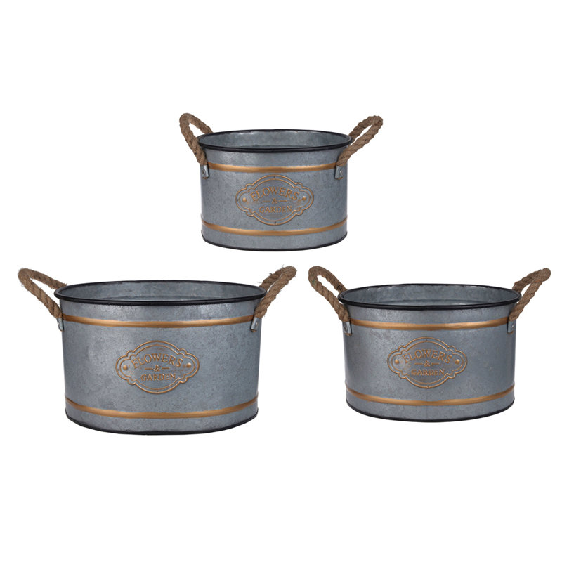 Pots décoratifs en métal style chalet avec poignées en corde et finition galvanisée