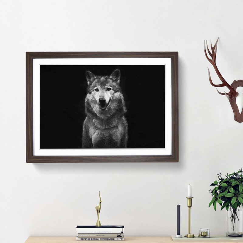 Wolf Portrait - Picture Frame Painting Print, 27cm H x 36cm W x 2cm D, Walnut Framed
