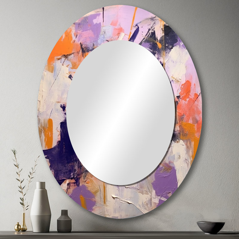 Poetic Expressionism In Purple And Orange I - Abstract Oval Decorative Mirror On Metal, 43" x 33"