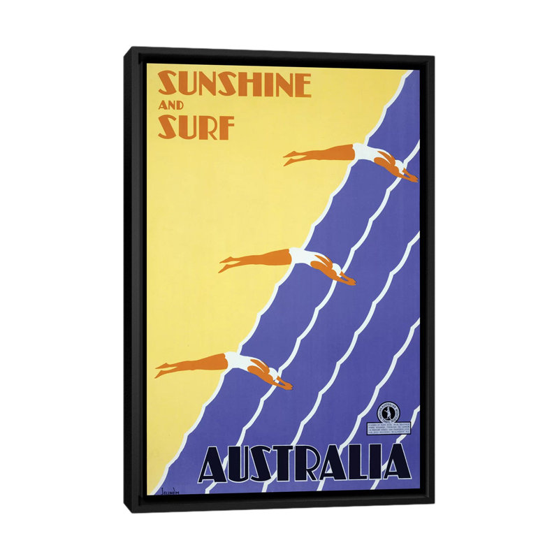 « soleil et surf australie », impression sur toile, H 26 po x l 18 po x P 1,5 po, Toile avec cadre noir, Pas de tapis