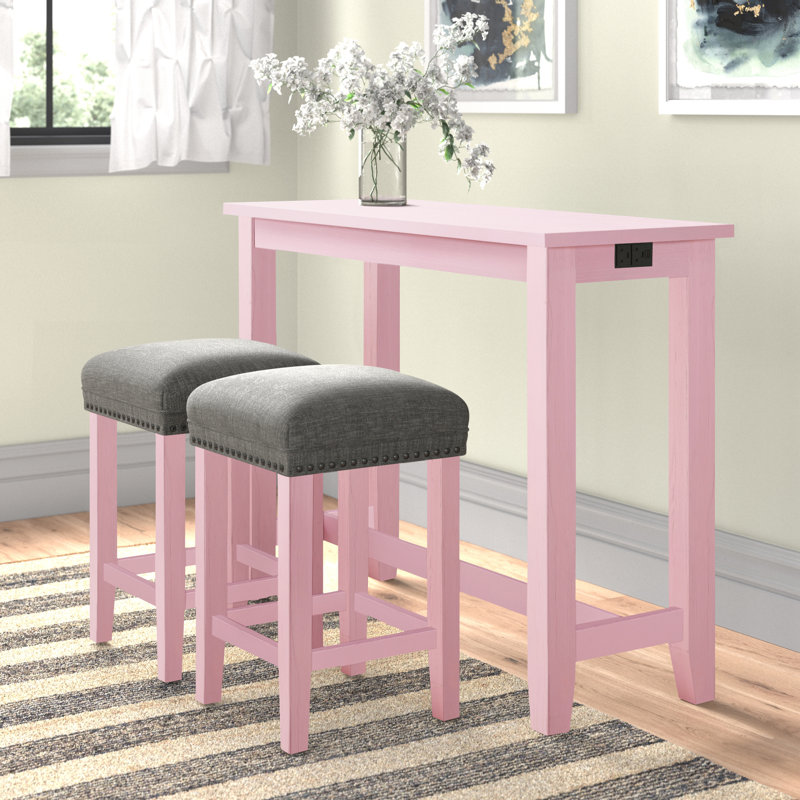 Halethorpe 3-Piece Counter Height Dining Table Set, Pink Table with Beige Chair