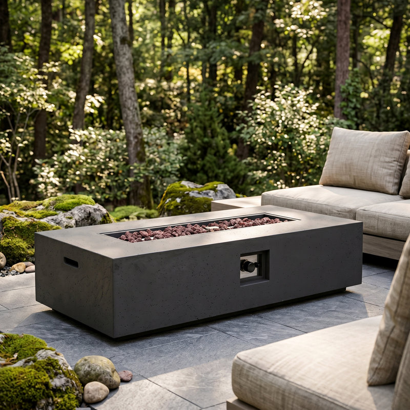 Oquendo Rectangle Magnesium Oxide Propane Outdoor Fireplace, Dark Gray