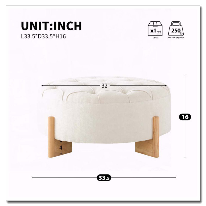 Repose-pieds rond capitonné 32 po avec pieds en bois massif, table basse moderne avec boutons touffetés, Beige
