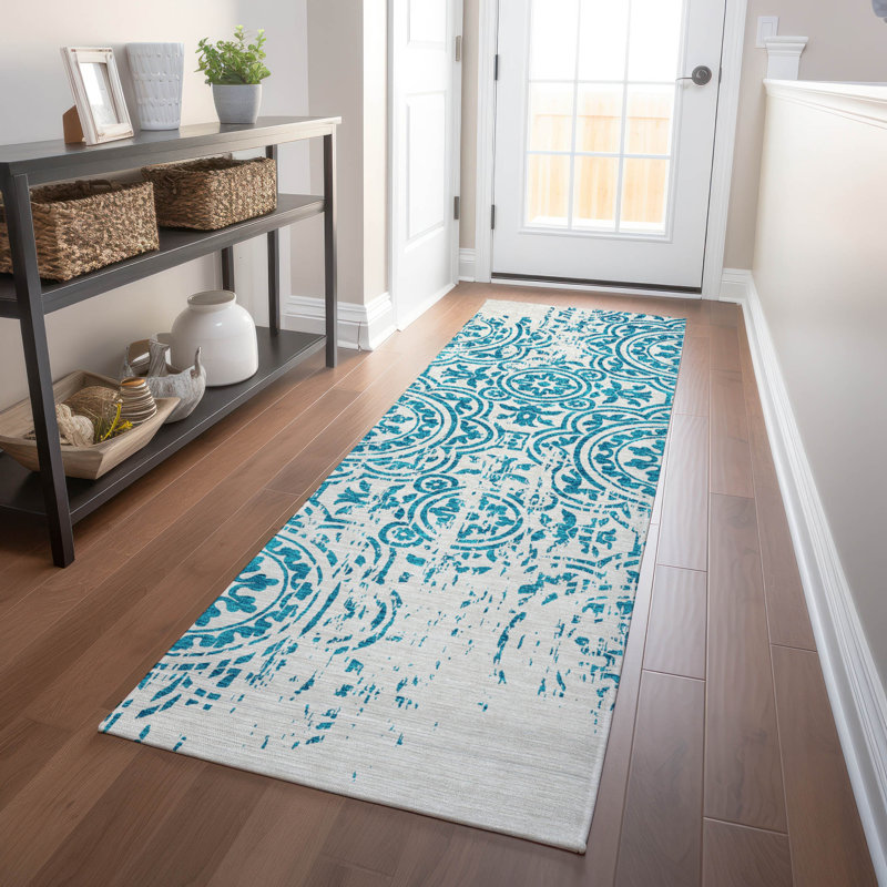 Premium Machine Washable Prisco Teal Rug, Runner 2'3" x 7'6"