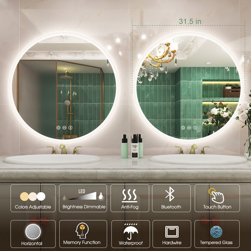 Round LED Vanity Mirror with Defogging, Bluetooth, and Dimmable Lights, 32" x 32"