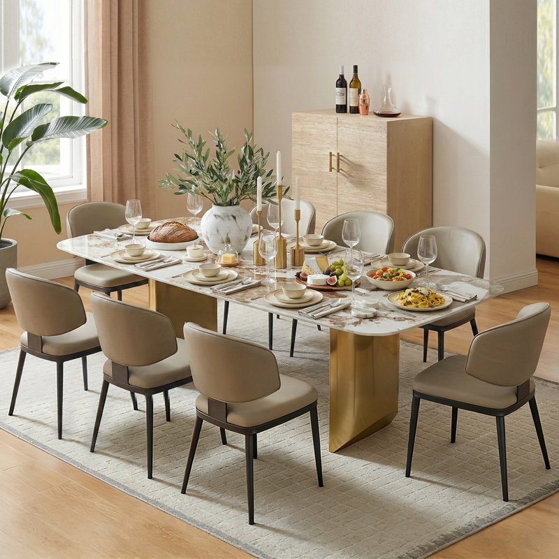 Hugette Modern 78.7" Sintered Stone Dining Table for 6-8 People, Large Rectangle Dining Room Table, Luxury White & Gold Kitchen Table with H-shape Stainless Steel Base (Table Only )