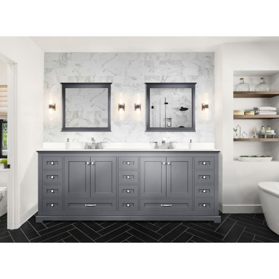 Meuble-lavabo double gris foncé 84 po X 22 po, comptoir et robinet en quartz blanc, 34 miroirs - traitement anti-rayures et anti-taches
