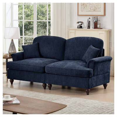 Elegant Chenille Sofa with Removable Skirt - Mid-Century Blue Loveseat with Spindle Legs