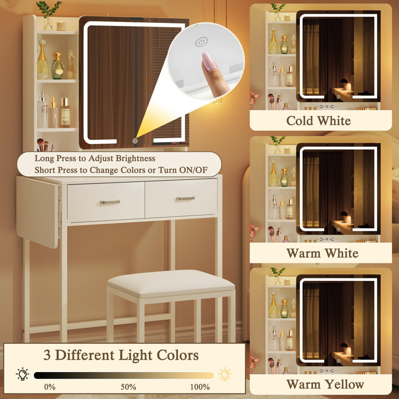 Small Makeup Vanity Desk Fold-up Mirror & Hidden Storage