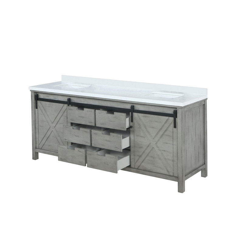 Meuble-lavabo double gris cendre 84 po X P 22 po D, avec comptoir en marbre de culture, Bois de frêne gris, 84"