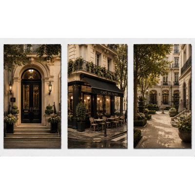 Très grand ensemble de 3 Paris, architecture murale de luxe, café français, cour, impressions sur toile, salon élégant, impression sur toile 24 x 36 pouces - prêt à être accroché