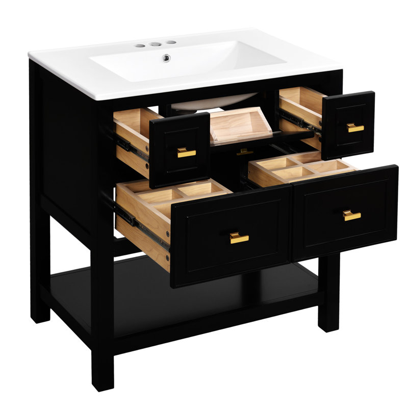 Meuble-lavabo de salle de bain 30 po avec lavabo et tiroir en céramique, Noir, noir, noir, noir