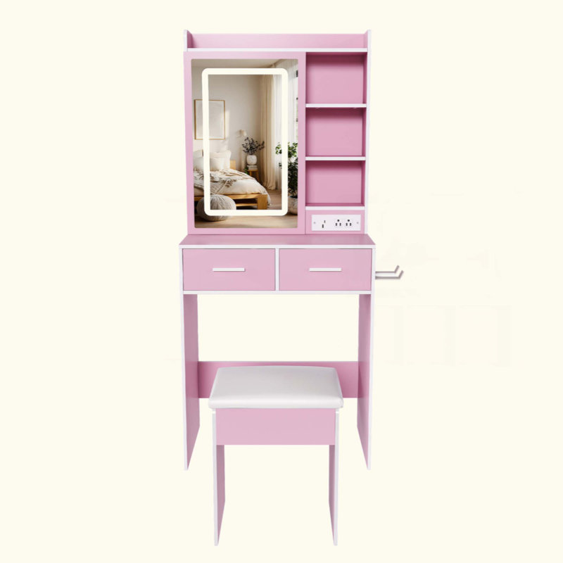 Petit bureau de coiffeuse avec miroir et lumières DEL réglables, prise de courant intégrée et rangement dissimulé, comprend tabouret et tablette rembourrés, coiffeuse pour petites chambres