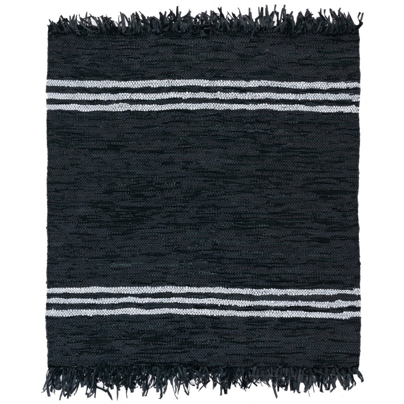 Tapis noir / ivoire en cuir tissé à la main Kyrae, Carré 6 pi