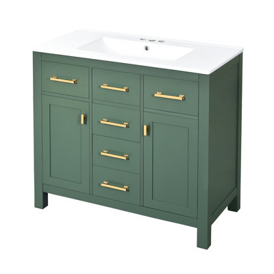 72-Inch Bathroom Vanity With Ceramic Sink, Freestanding Single Cabinet, 4 Drawers, Cabinets, Solid Wood Structure, Hardware, Three Basin, Easy To Assemble Modern Vanity, Pine Frame, Storage Drawers &