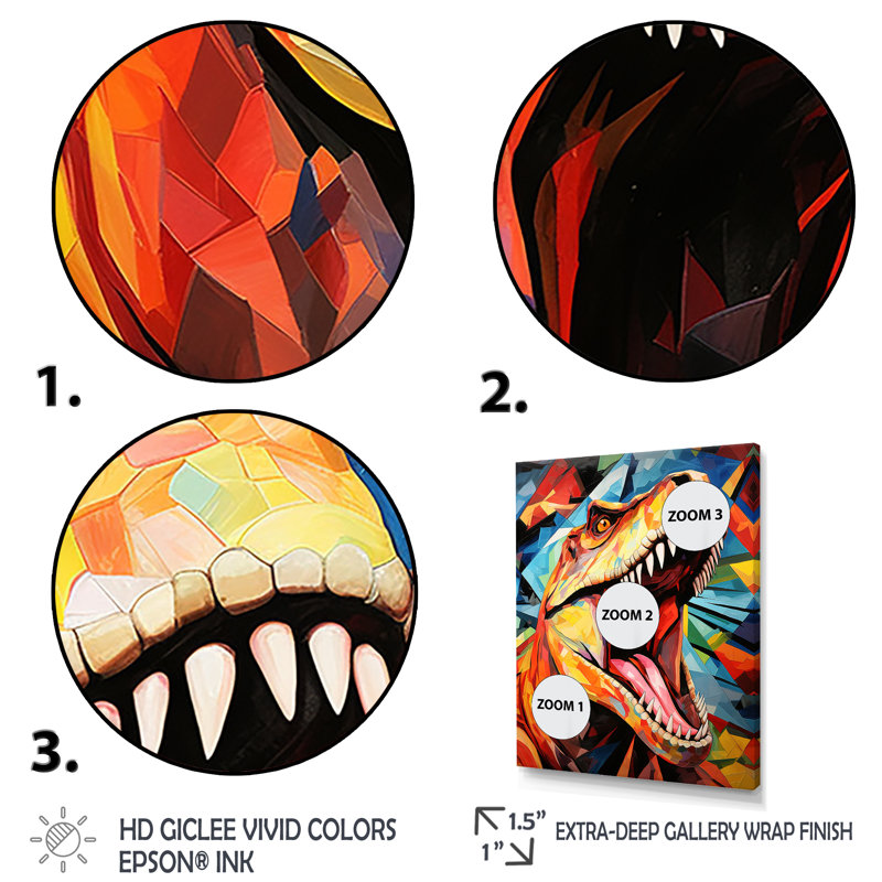 Cubiste coloré, TRex Dino II, art sur toile dinosaure, H 40 po x l 30 po x P 1,5 po, Cadre doré simple