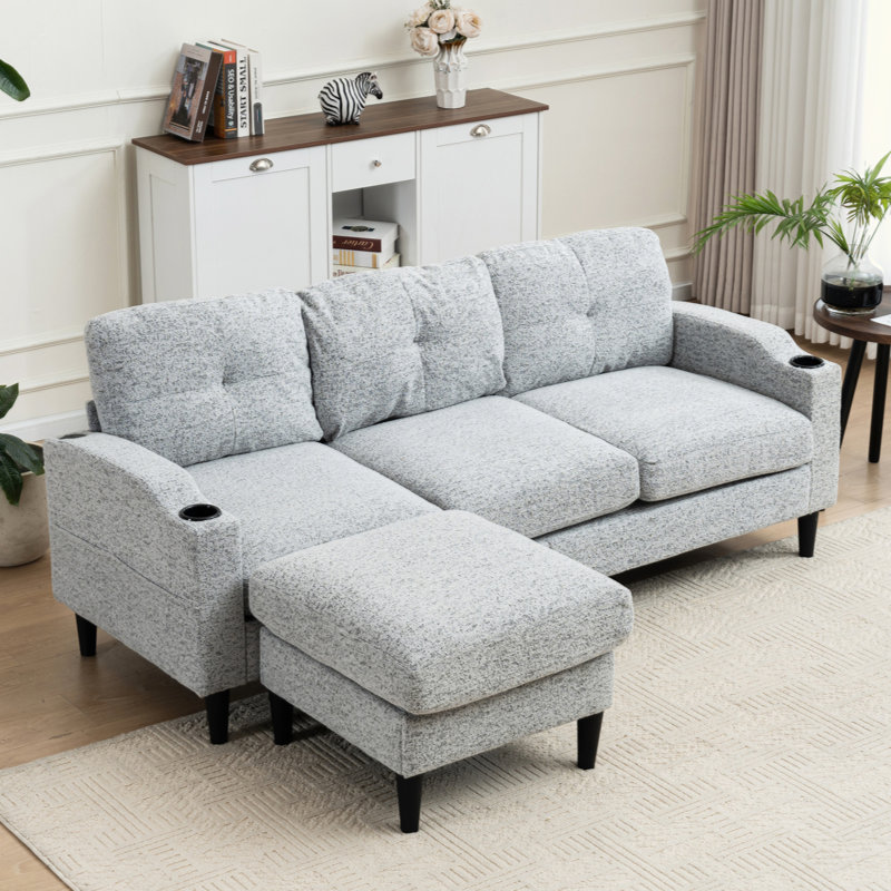 Convertible Combination Sofa Sofa L-Shaped Sofa With Footstools With Storage, White+Black Sofa For Living Room, Living Room/Bedroom/Office/Small Space 3-Seater Combination Sofa
