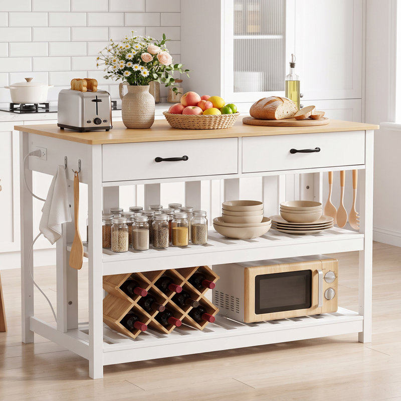 Kitchen Island with Power Outlet, 47.3" Wood Countertop Kitchen Prep Table with 2 Storage Drawers, Wine Rack & 6 Hooks, Waterproof Workstation for Kitchen