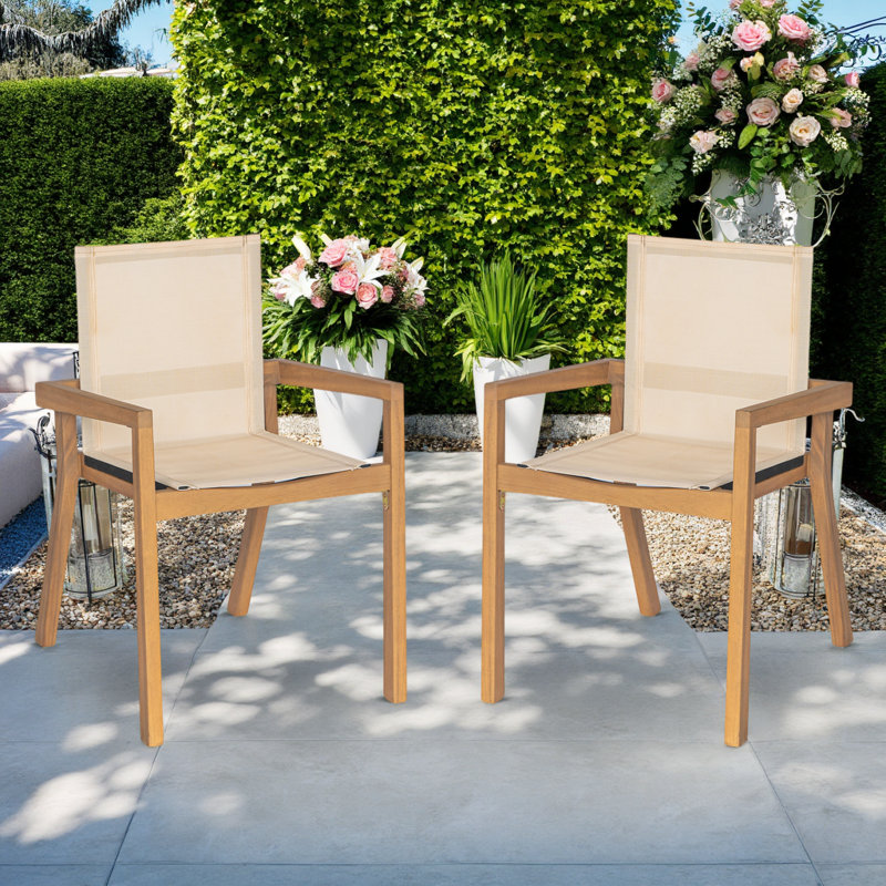 Chaises de salle à manger d'extérieur en bois d'acacia avec accoudoirs de soutien, ensemble de 2, Beige
