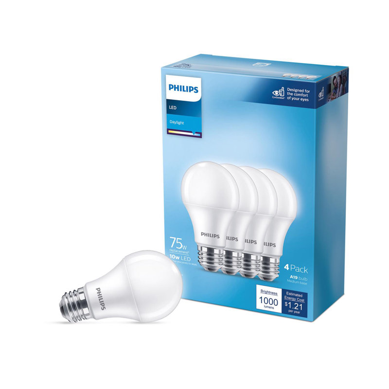 Ampoule DEL Philips A19 E26 (moyenne), équivalente à 75 watts, paquet de 4, 1000 kelvins, 10 W