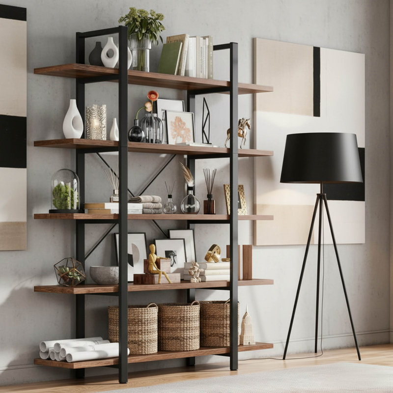 5-Tier Storage Bookcase, Industrial Style Open Bookshelf 72 Inches Tall, 47" Wide Freestanding Display Shelf
