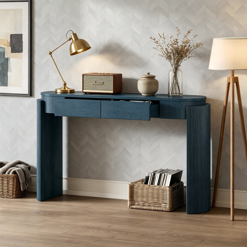 Table d'entrée en grain de bois naturel, console ovale avec détail cannelé et 2 tiroirs pour le salon du vestibule, Navy